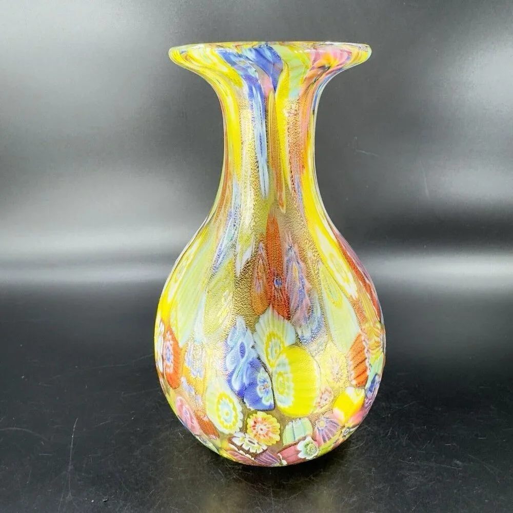 Murano Italian Glass Vase Gold Flecks Aventurine Large Multicolor Millefiori VTG